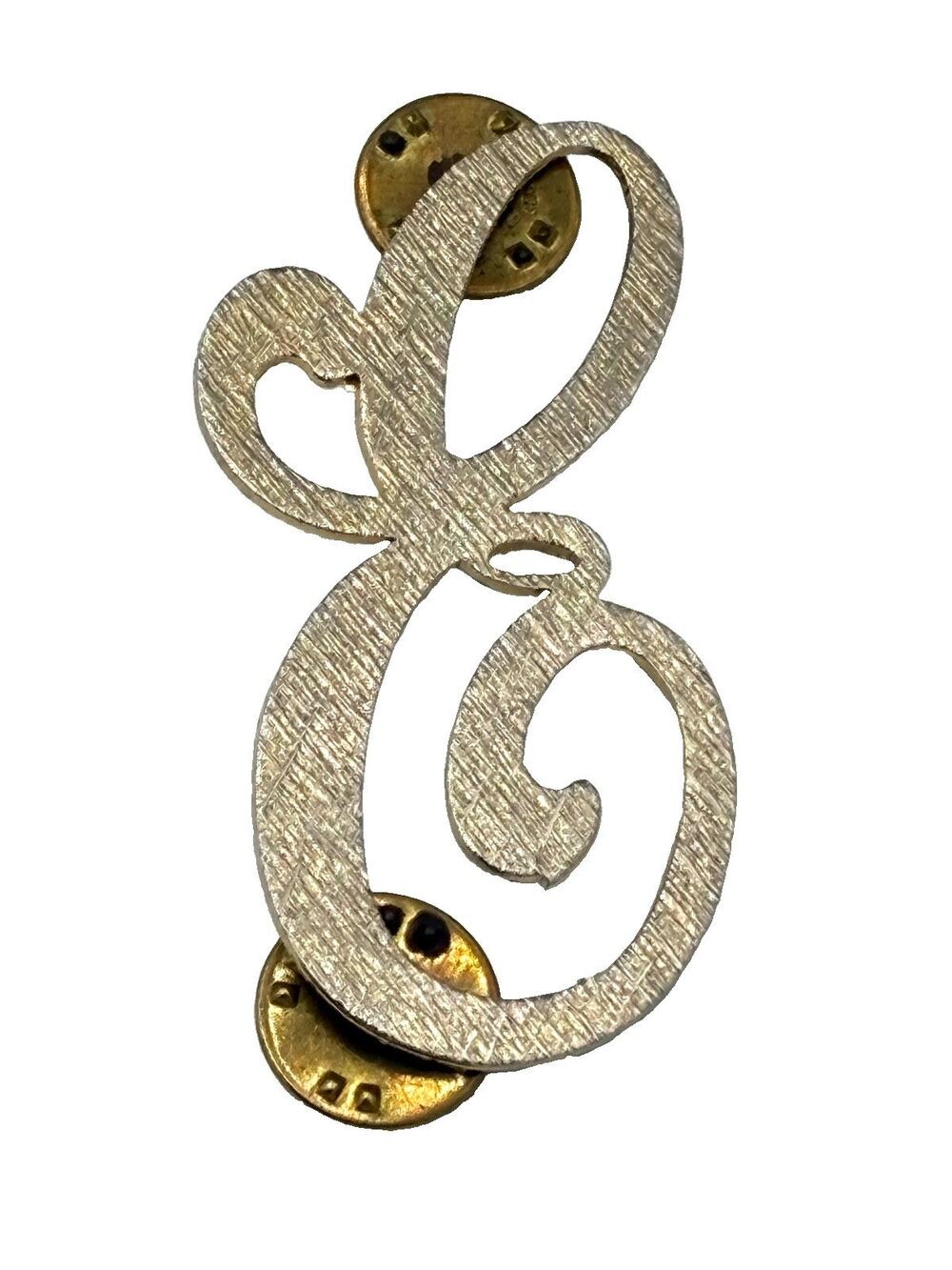 Vintage Gold Tone Script Letter E Initial Brooch Pin Brushed Textured Metal